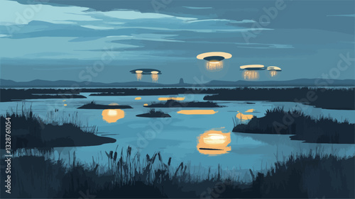 Digital painting depicting a nocturnal marsh scene. The artwork features a flat, stylized rendering of a marshland at twilight or dusk, with calm water reflecting multiple soft, glowing lights.