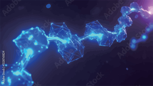The image is a digital rendering of an abstract energy flow. It depicts a series of interconnected, glowing blue crystalline structures arranged in a dynamic, swirling pattern against a dark