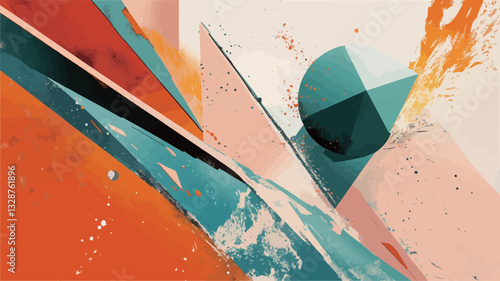 The image presents a dynamic abstract composition featuring a variety of geometric shapes, primarily triangles and a partial circle.  The shapes overlap and intersect, creating a sense of depth and
