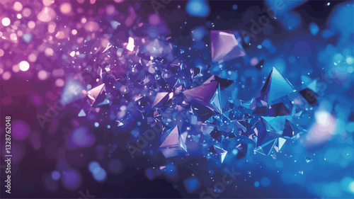 The image presents a digital illustration featuring numerous abstract geometric shapes, predominantly triangles and polygons, in shades of blue and purple.  The shapes appear to be in motion, with
