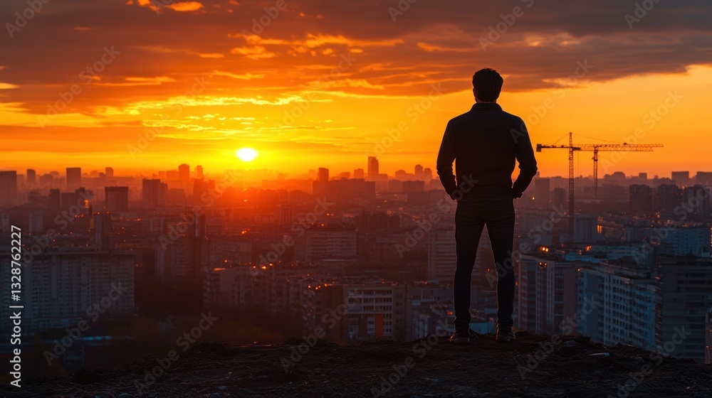 Fototapeta premium Man contemplates sunrise over cityscape.
