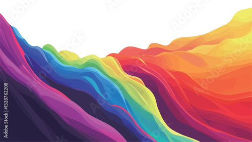The image is a digital illustration depicting abstract, flowing waves of vibrant colors.  The colors transition smoothly from deep purple and blue on the left, through a rainbow spectrum in the