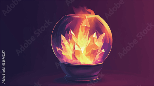 Digital illustration depicting a stylized flame contained within a transparent glass sphere on a dark purple background. The flame is rendered with sharp, crystalline forms, exhibiting a range of