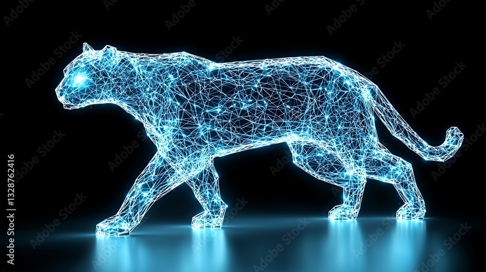 Fototapeta premium Glowing Blue Digital Panther on Reflective Surface