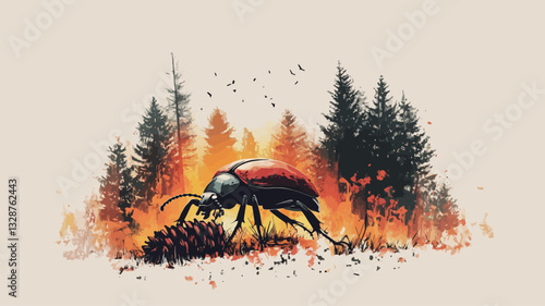 Digital illustration depicting a large red beetle consuming a charred object in the foreground. The background features a stylized forest fire with flames engulfing several dark green coniferous