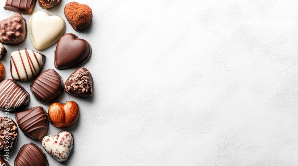 Chocolates and assorted nuts arranged on a white background for food photography and culinary design