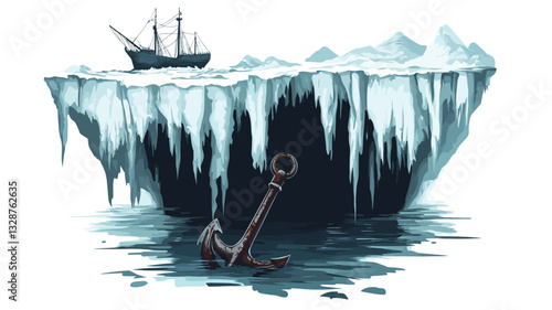 A digital illustration depicting a dark, cavernous iceberg with icicles hanging from its edges. A small, dark-colored sailing ship is visible on the ice surface, appearing stranded or wrecked. A