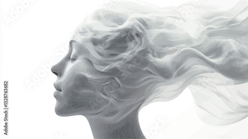 A grayscale profile image of a woman's face.  Her hair or a similar substance appears to flow and emanate from her head like smoke or vapor, creating an abstract and ethereal effect against a pure