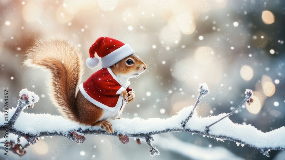 Squirrel wearing a santa hat sitting on snow during winter season in a natural outdoor setting Squirrel wearing a santa hat sitting on snow during winter season in a natural outdoor setting