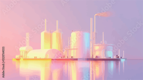 A 3D rendering depicting a stylized industrial complex situated on a small island. The structures are rendered in pastel colors, predominantly pale yellows, oranges, and blues.  The lighting is