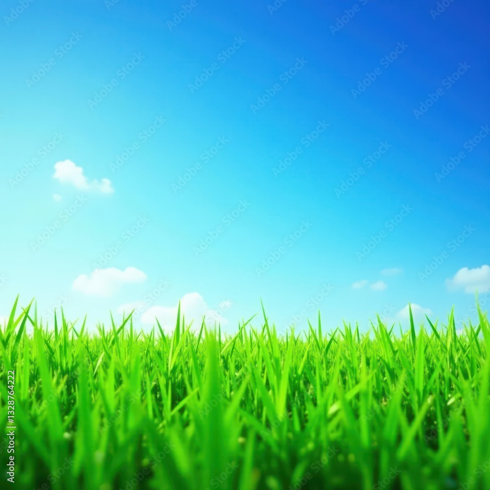Close-up textured green grass against azure sky, ample blank space , nature, field Close-up textured green grass against azure sky, ample blank space , nature, field