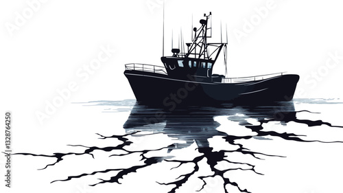 The image is a monochrome illustration or graphic design depicting a fishing boat at sea. The boat is rendered as a dark silhouette, positioned centrally against a lighter background representing