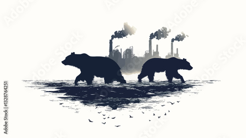 The image is a stylized illustration featuring two bear silhouettes walking on a dark, reflective surface.  The silhouettes are dark blue-grey, creating a stark contrast against the white