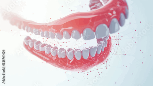 A close-up shot of a 3D rendered model of human jaws and teeth. The model is highly detailed, showing individual teeth and gum line.  The teeth are predominantly white, contrasted against