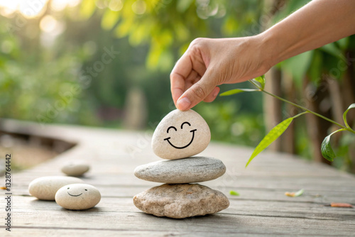 Enjoying Life Concept. Harmony and Positive Mind. Hand Setting Natural Pebble Stone with Smiling Face Cartoon