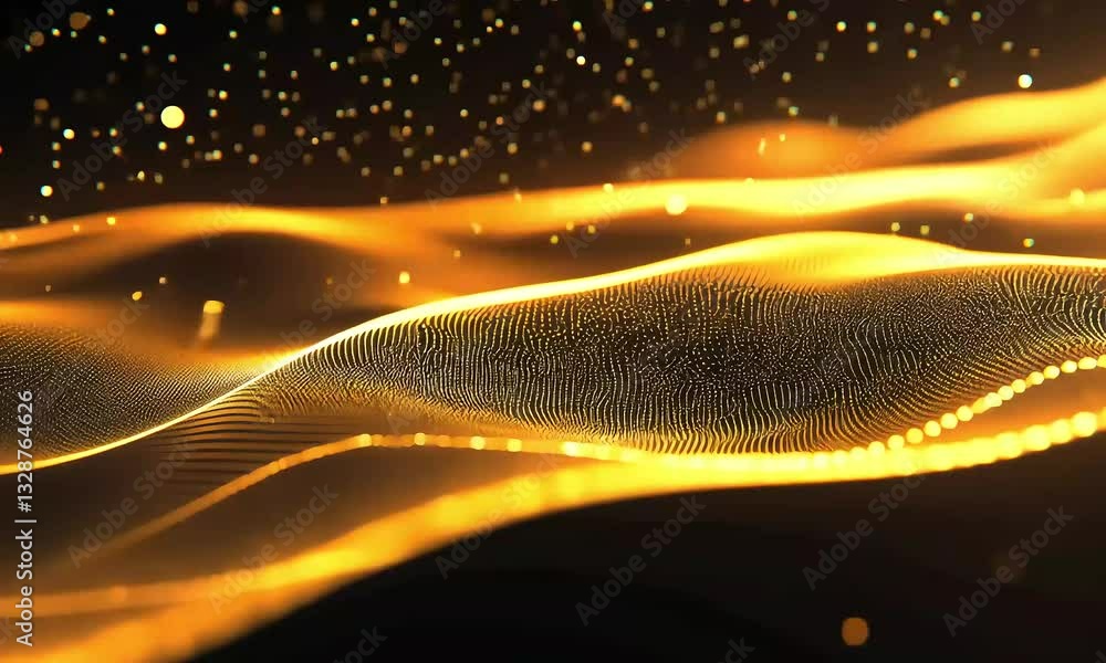 Golden Abstract Wave Glowing Particles Dark Background Digital Art Fluid Design,Luxurious Textu Golden Abstract Wave Glowing Particles Dark Background Digital Art Fluid Design,Luxurious Textu