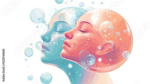 Digital illustration depicting two stylized female heads in profile, each encased within a translucent sphere resembling a water bubble.  The spheres are rendered in soft pastel shades of blue and