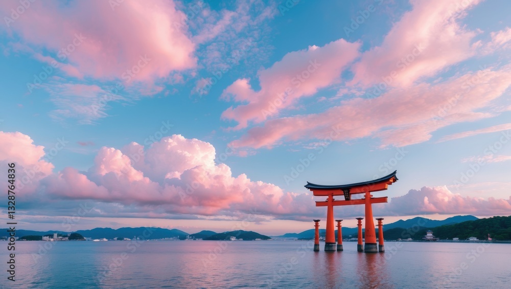 A vibrant sunset over a tranquil lake featuring a traditional gate, surrounded by soft pink and blue hues in the sky A vibrant sunset over a tranquil lake featuring a traditional gate, surrounded by soft pink and blue hues in the sky