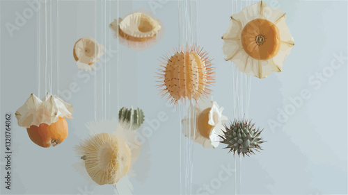 Close-up shot of a mobile composed of various dried fruits and seed pods suspended from thin strings against a light gray background.  The fruits and seeds exhibit a range of shapes, sizes, and