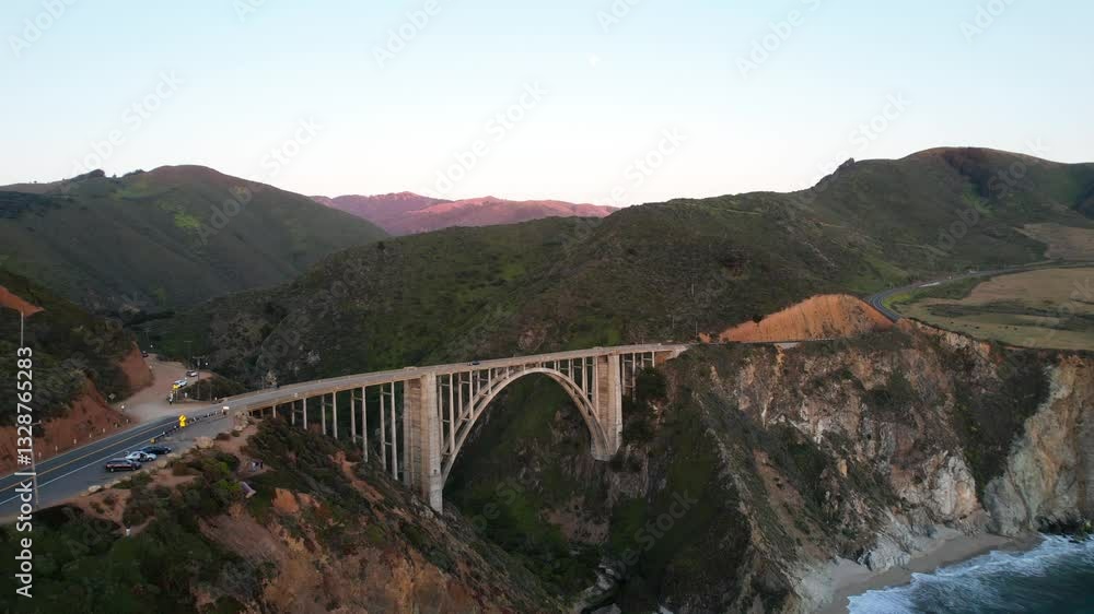 California coastal drive with majestic viaduct and ocean views, aerial view California coastal drive with majestic viaduct and ocean views, aerial view