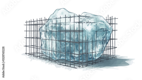 The image is an illustration depicting a large, irregularly shaped block of ice enclosed within a rectangular wire mesh cage. The ice is rendered with varying shades of blue and white, suggesting