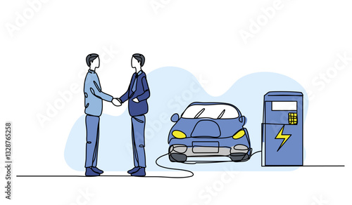 Vector illustration of businessman shaking hand near electric car charging station. Modern flat in continuous line style.