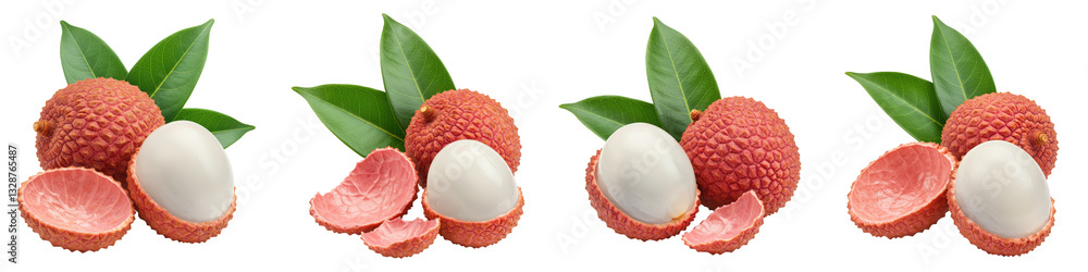 Whole and Partially Peeled Lychee with Leaves, Cut Out Set Whole and Partially Peeled Lychee with Leaves, Cut Out Set