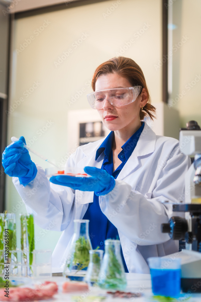 Fototapeta premium Middle-aged female laboratory worker wearing blue gloves conducts lab test on food ingredients lettuce, cucumber, pork. Using microscope, she analyzes nutrients, preservatives, food safety records.