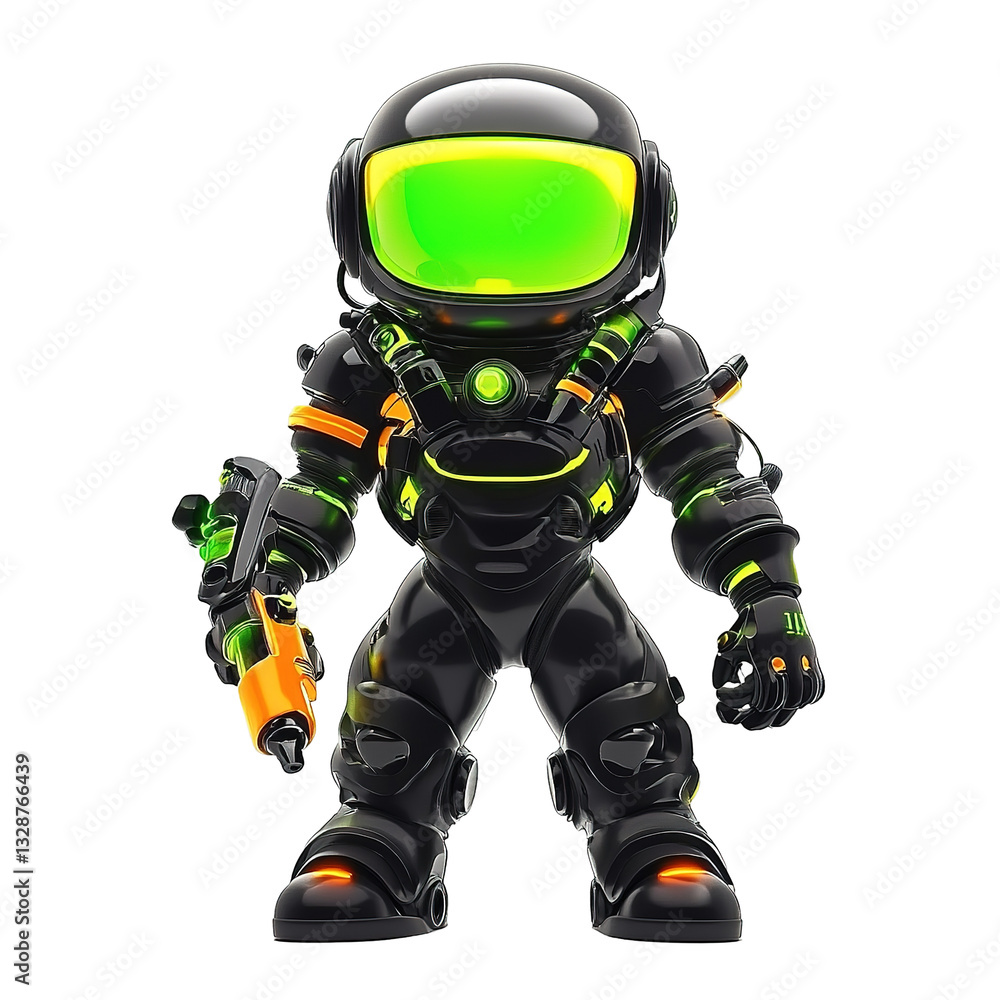 This image shows a futuristic character with a glowing helmet and holding a weapon. This image shows a futuristic character with a glowing helmet and holding a weapon.