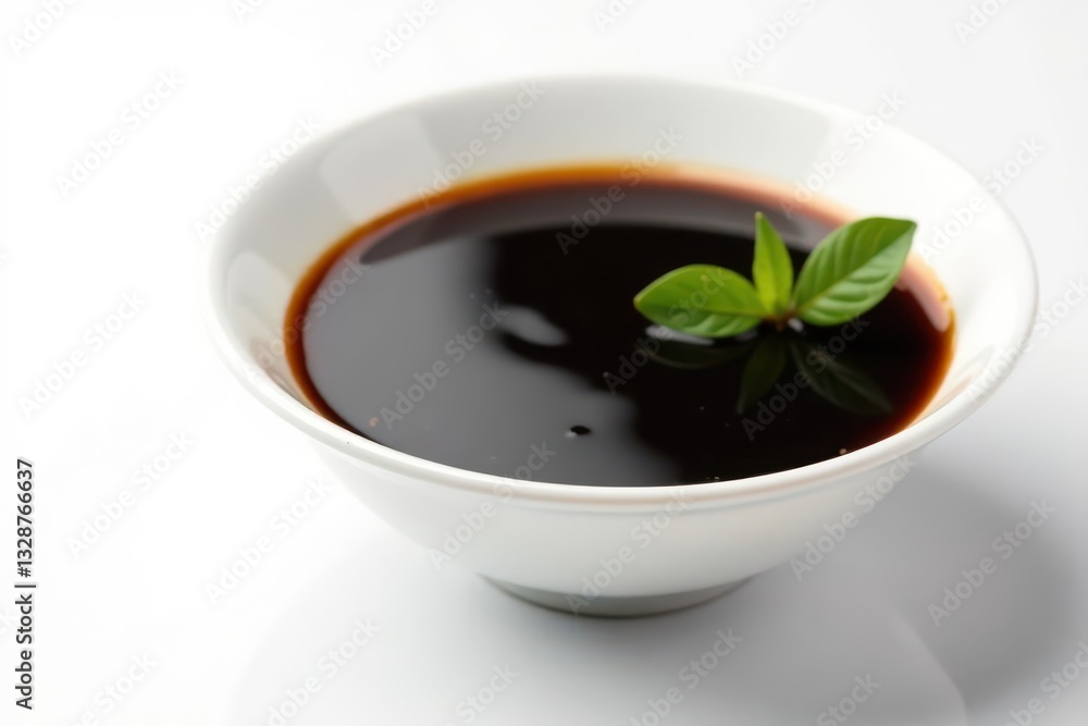 Dark soy sauce in pristine white bowl, isolated , japan, texture Dark soy sauce in pristine white bowl, isolated , japan, texture