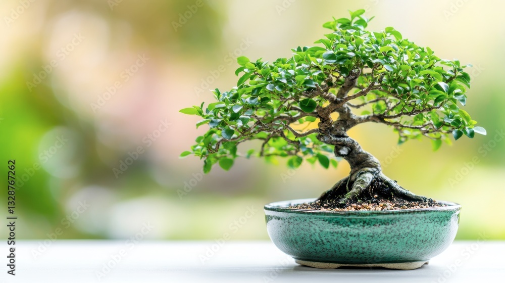 Small bon bon tree in a green pot placed on a wooden table with a neutral background Small bon bon tree in a green pot placed on a wooden table with a neutral background