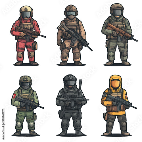 Six cartoon soldiers with weapons in different gear colors, standing against a dark backdrop isolated on white or transparent png