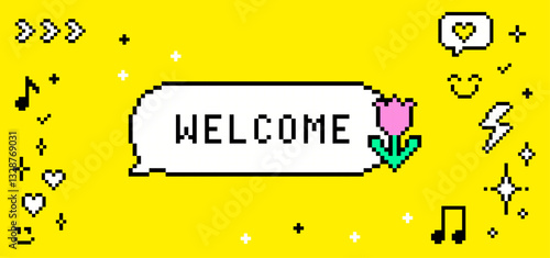 Pixel dialogue box text saying Welcome with flower and sparkles pattern. 8 bit retro style vector background. Simple geometric form. Mood of 90's. Game abstract element. Y2k trendy vector illustration