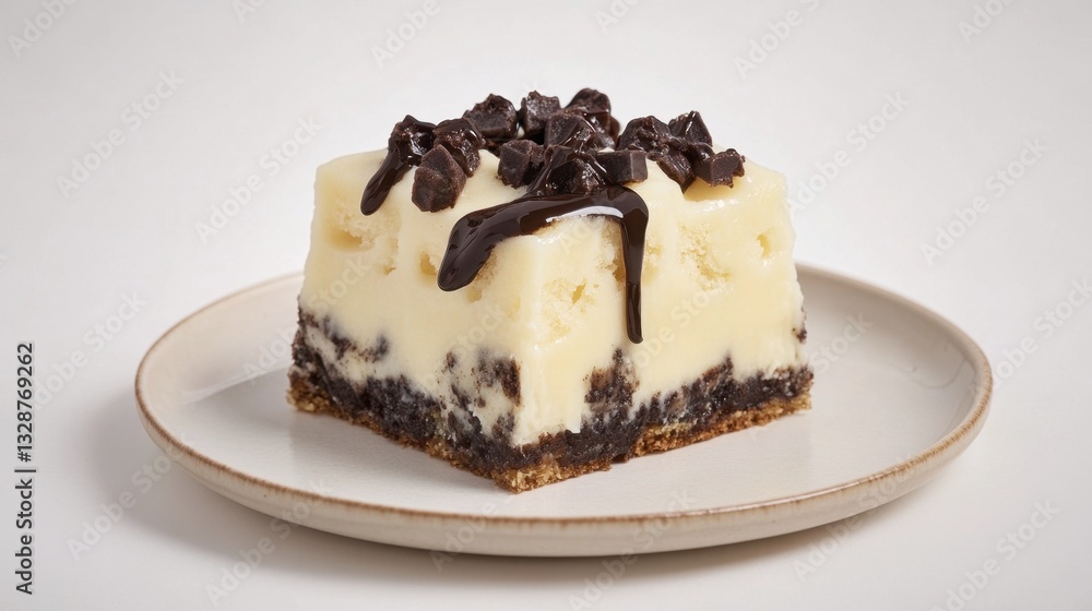 Piece of cheesecake on a white plate with a fork and napkin on a wooden table Piece of cheesecake on a white plate with a fork and napkin on a wooden table