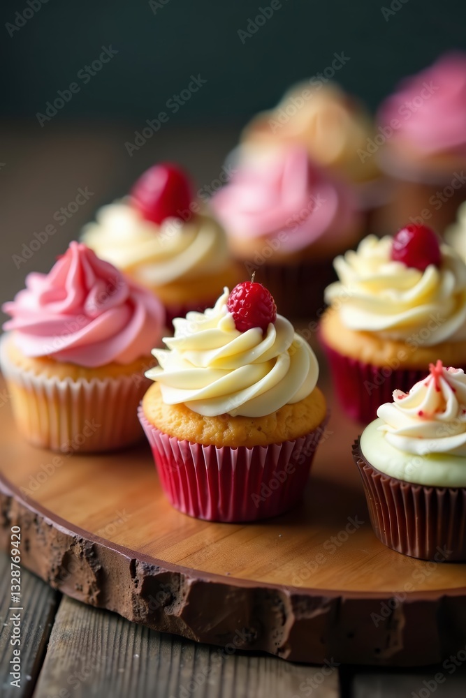 Assorted tiny cupcakes displayed on wood surface, frosting, confectionery, decorations Assorted tiny cupcakes displayed on wood surface, frosting, confectionery, decorations
