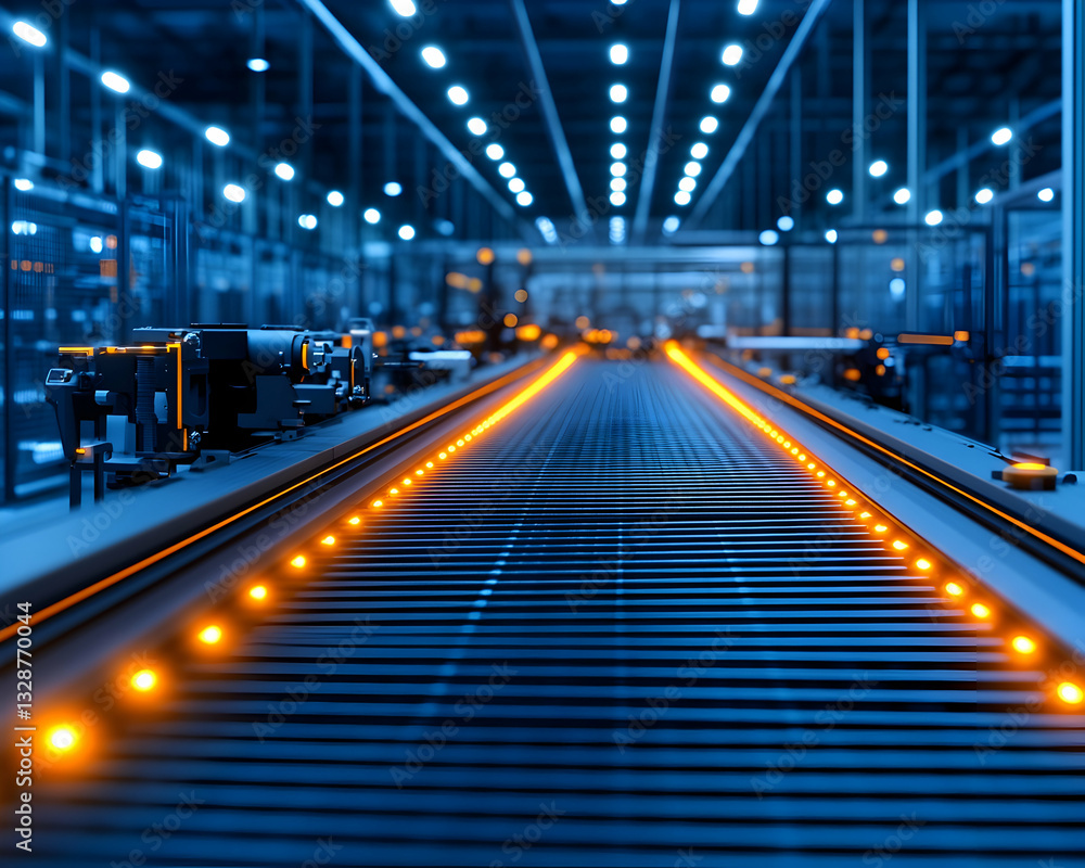 Illuminated automated production line in a modern factory Illuminated automated production line in a modern factory