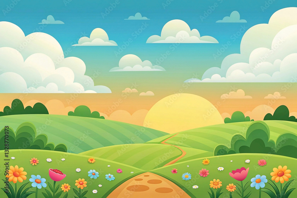 Naklejka premium Sunrise over rolling hills with a path through colorful flowers