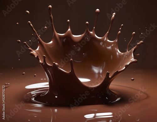Chocolate splash on dark surface with high-speed water droplets and glossy texture creating an artistic abstract background with rich, warm tones.