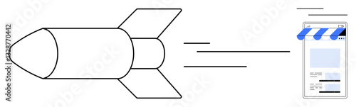 A sleek rocket moves swiftly toward a digital storefront on a smartphone. Ideal for ecommerce, delivery, mobile app marketing, digital speed, innovation, startup, technology. Flat simple metaphor