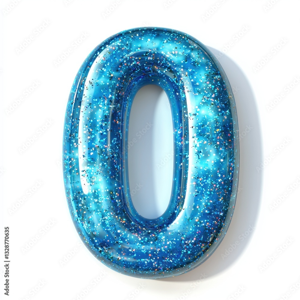 Number 0 with a gooey blue slime texture filled with glitter, isolated on a pure white background Number 0 with a gooey blue slime texture filled with glitter, isolated on a pure white background