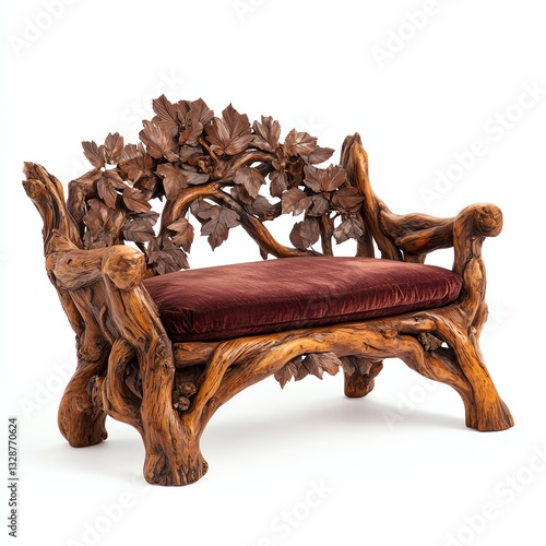 Unique wooden chair with intricate leaf design and plush cushion, white isolate background.