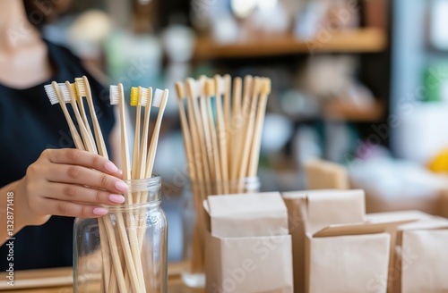A person is organizing bamboo toothbrushes in a jar, showcasing eco-friendly alternatives to conventional plastic toothbrushes.