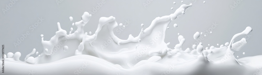 White Liquid Splash on Light Grey Background with Smooth Waves White Liquid Splash on Light Grey Background with Smooth Waves