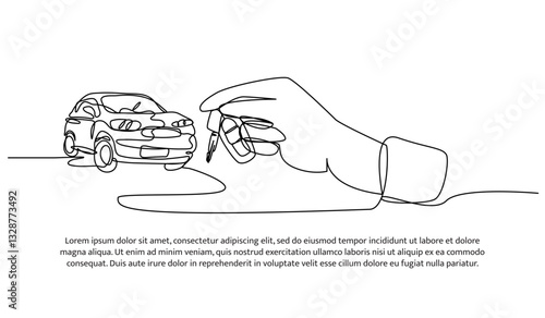 Continuous one line design of hand holding car key and vehicle. Minimalist style vector illustration on white background.