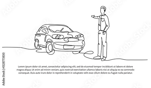 Continuous one line design of man next to a blue car. Minimalist style vector illustration on white background.