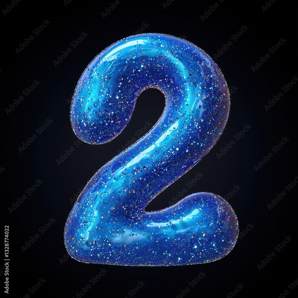 Number 2 with a gooey blue slime texture filled with glitter, isolated on a deep black background Number 2 with a gooey blue slime texture filled with glitter, isolated on a deep black background