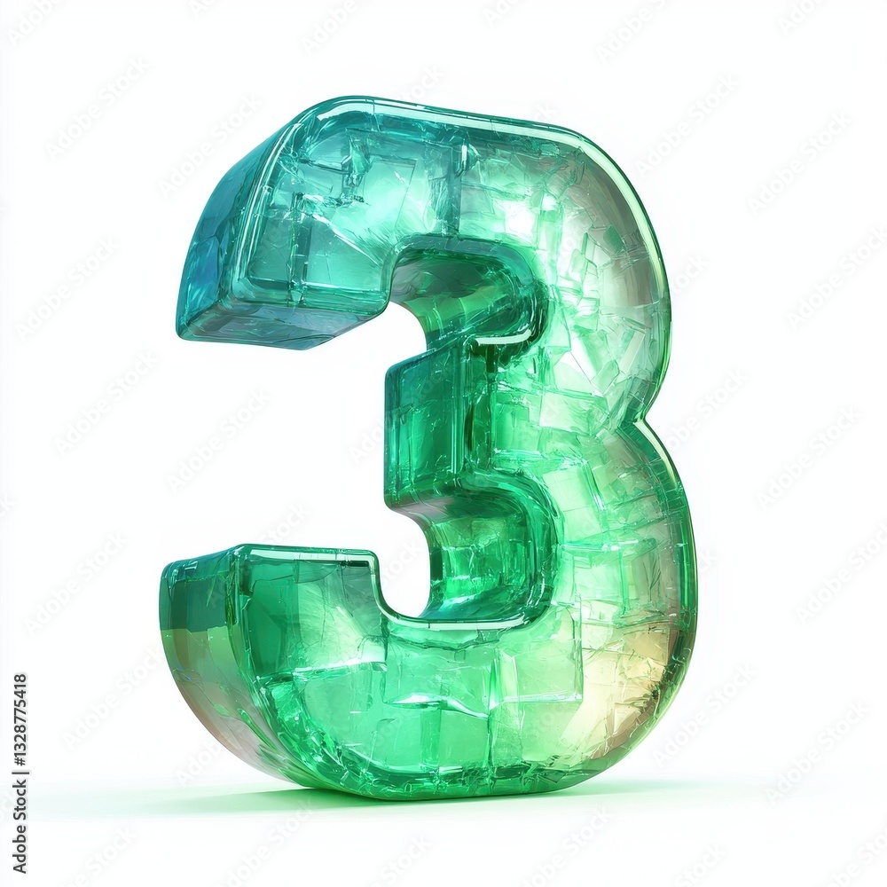 Number 3 with a glowing jade crystal texture, isolated on a pure white background Number 3 with a glowing jade crystal texture, isolated on a pure white background