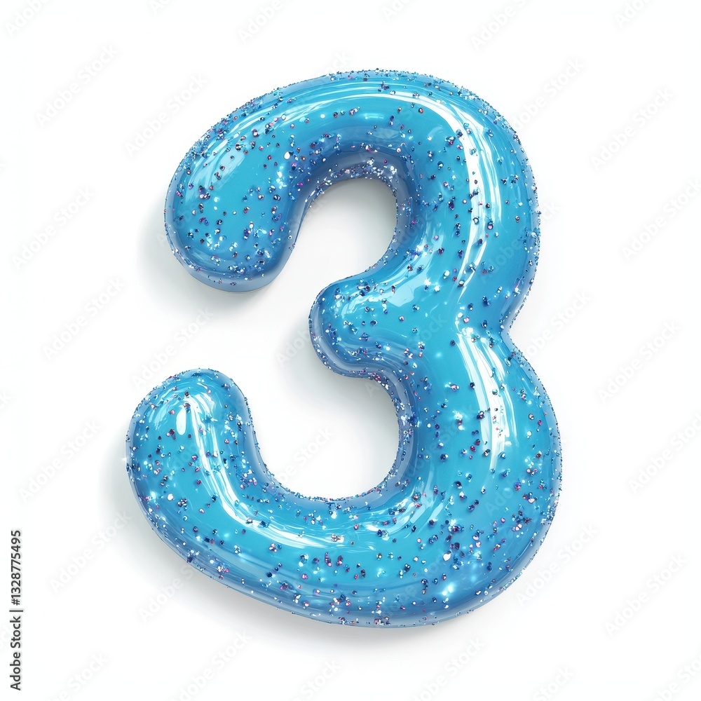 Number 3 with a gooey blue slime texture filled with glitter, isolated on a pure white background Number 3 with a gooey blue slime texture filled with glitter, isolated on a pure white background