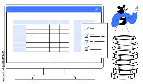 Computer screen displaying a spreadsheet and checklist, person holding tablet, stacked coins. Ideal for finance, data management, organization, productivity, business tasks, analytics flat simple