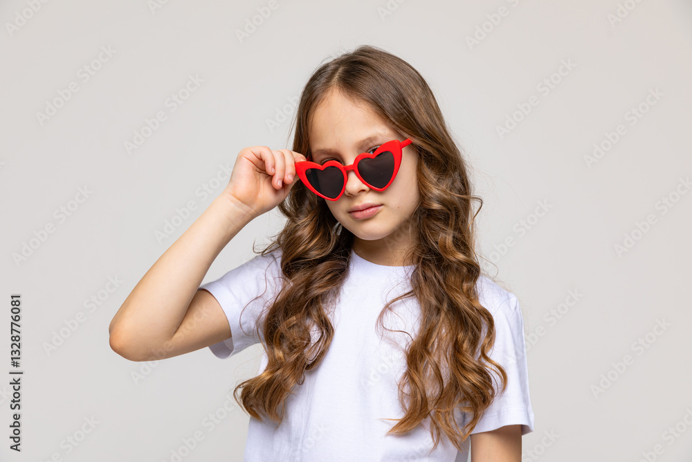 Photo of pretty cute little girl dressed white casual t-shirt and red heart-shaped sunglasses, white color background. Summer concept. Copy space Photo of pretty cute little girl dressed white casual t-shirt and red heart-shaped sunglasses, white color background. Summer concept. Copy space